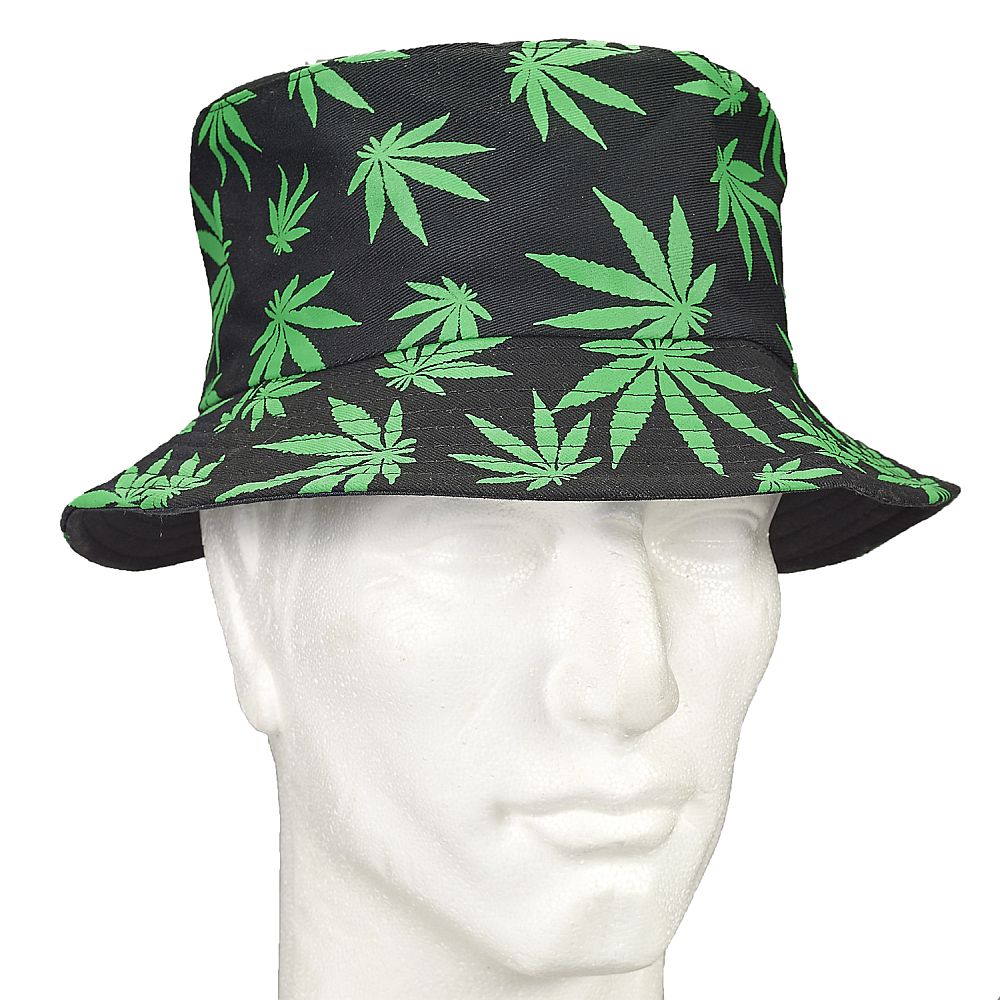 Bucket Hat Black Hat With Green Leaves - High Moon Haven