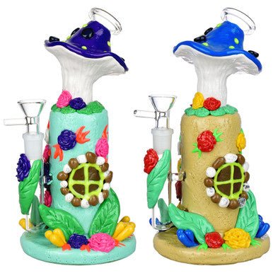 Flower And Shroom Cottage Glow Water Pipe - 9" - 14mm F - Colors Vary - High Moon Haven