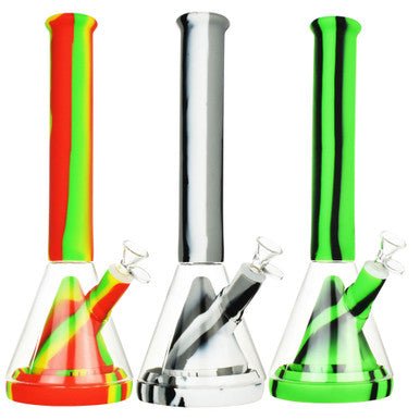 Striped Silicone & Glass Water Pipe - 14"/14mm F/Colors Vary - High Moon Haven